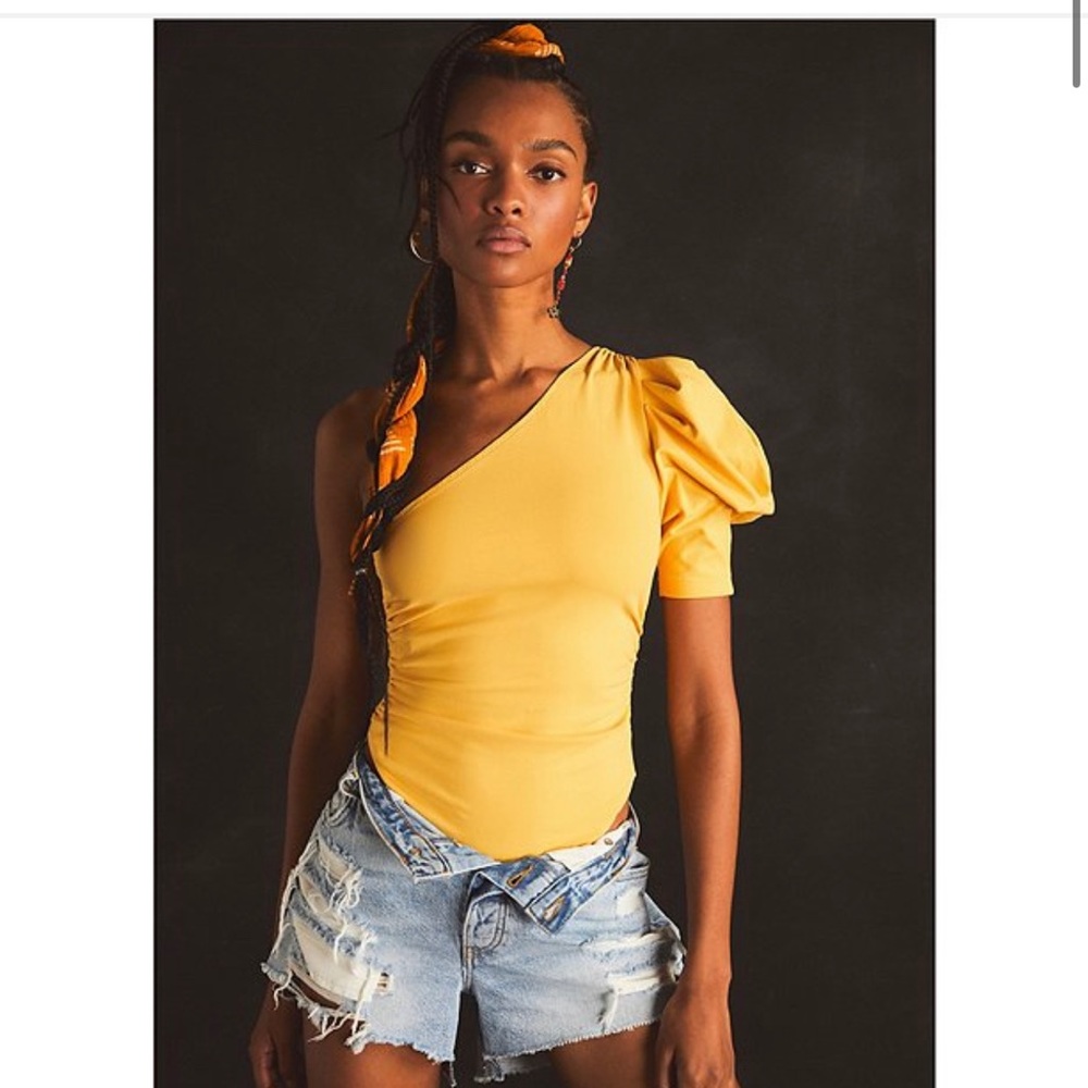 Free People Somethin’ Bout You One Shoulder Short Puff Sleeve Bodysuit